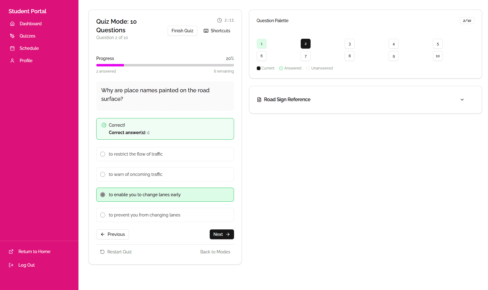 Student Portal quiz screen showing a theory question, multiple-choice options, correct-answer feedback, progress bar, timer, and question palette.